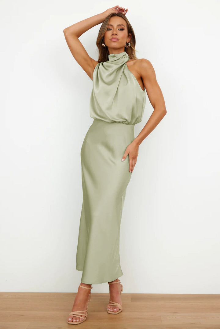 Valoria™ - Halter Neck Satin Maxi Dress