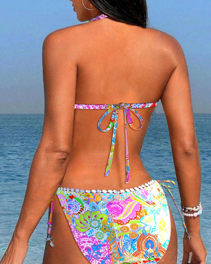 Colorful patchwork lace halter bikini