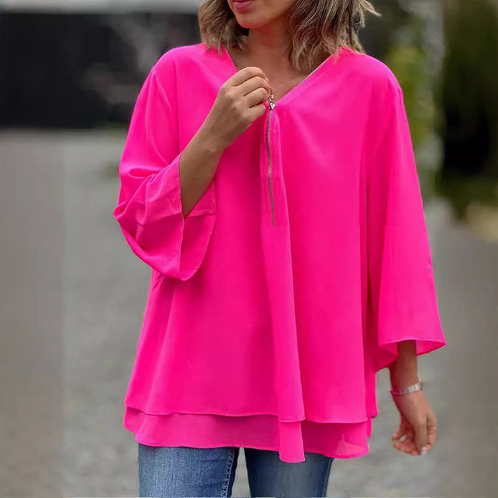 Mediva™ - Chiffon Zipper Top With V-neck