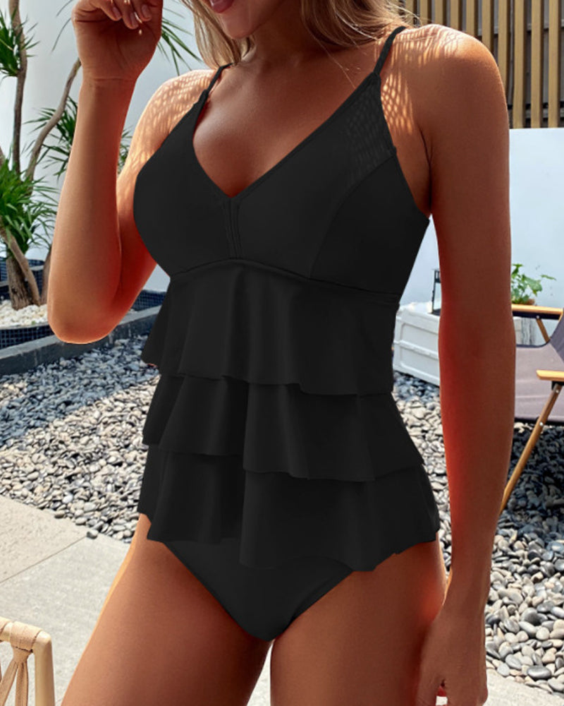 Ruffled split tankini in solid color