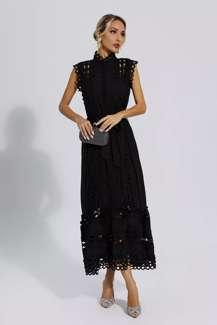 Zyra™ - Black Sleeveless Hollow Maxi Dress