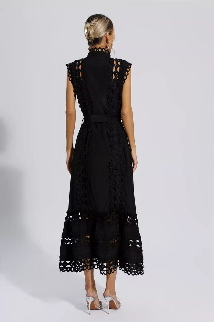 Zyra™ - Black Sleeveless Hollow Maxi Dress