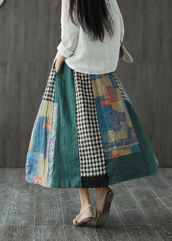 Linen contrast color stitching skirt female spring new retro literary loose elastic waist skirt