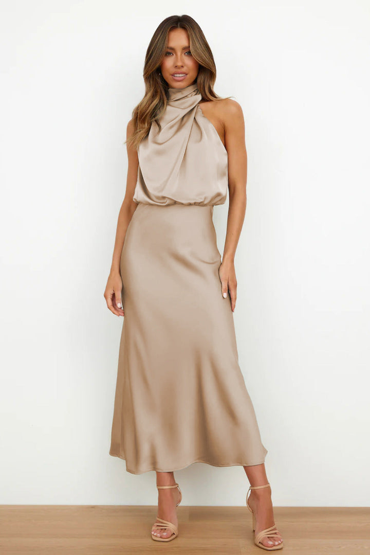 Valoria™ - Halter Neck Satin Maxi Dress