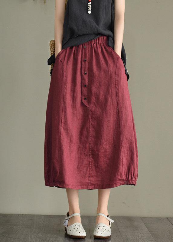 Women Khaki Linen Elastic Waist Button Skirt