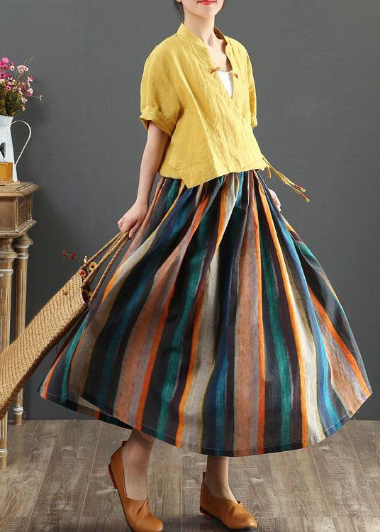 Women Striped A Line Retro Print Skirts Linen