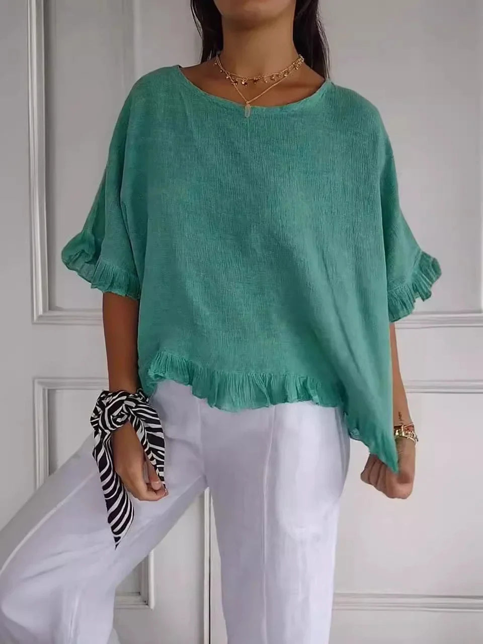 Blissan™ - Cotton Linen Blouse with Ruffles