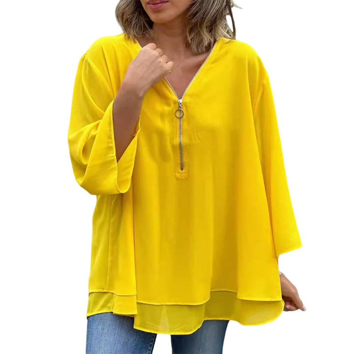 Mediva™ - Chiffon Zipper Top With V-neck