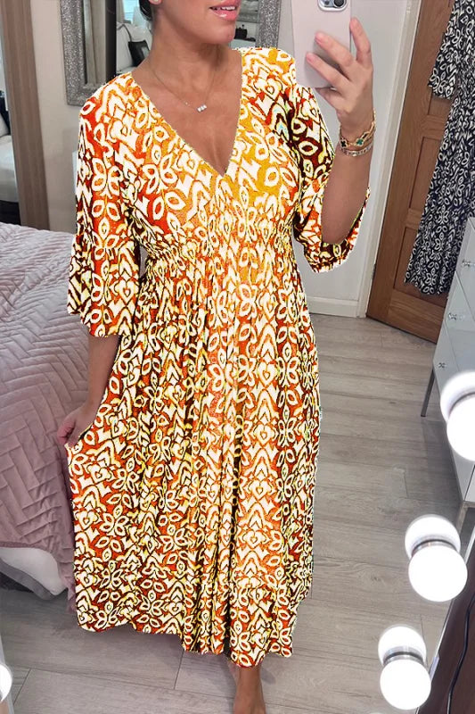 Bohemian casual print V-neck waist wrap long dress