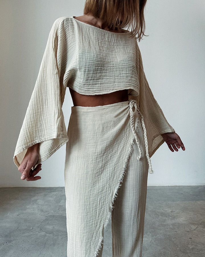 Woven lace-up cotton and linen two-piece set